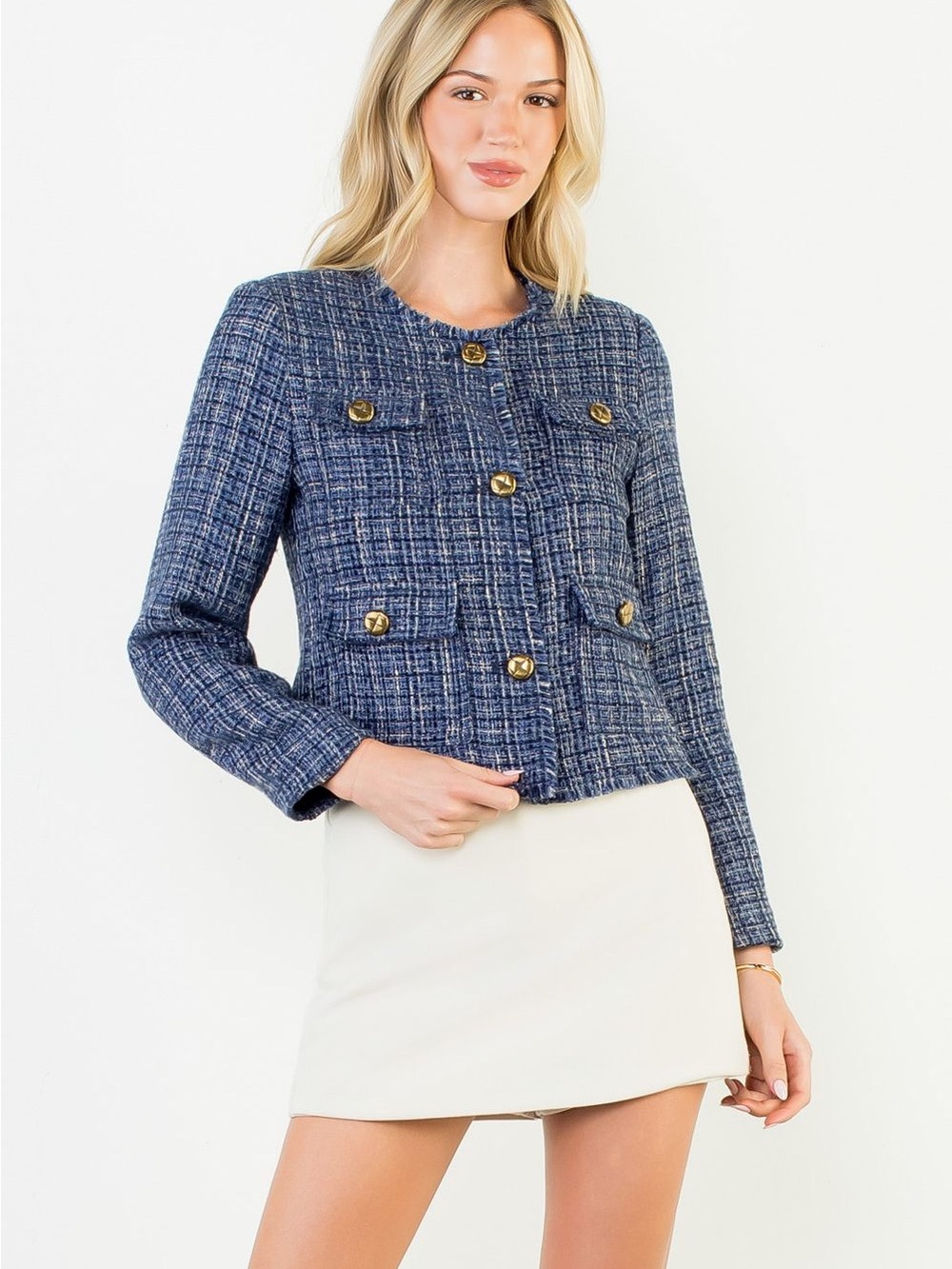 THML Blue Tweed Button-Front Blazer with Gold Buttons